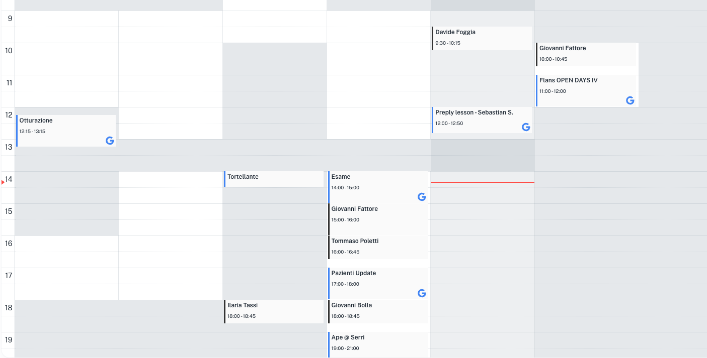 Vista settimanale del calendario di Pazienti con appuntamenti ed eventi di Google Calendar