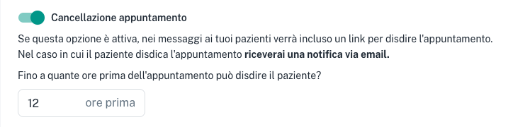 Opzione di cancellazione appuntamento con il limite di ore di preavviso