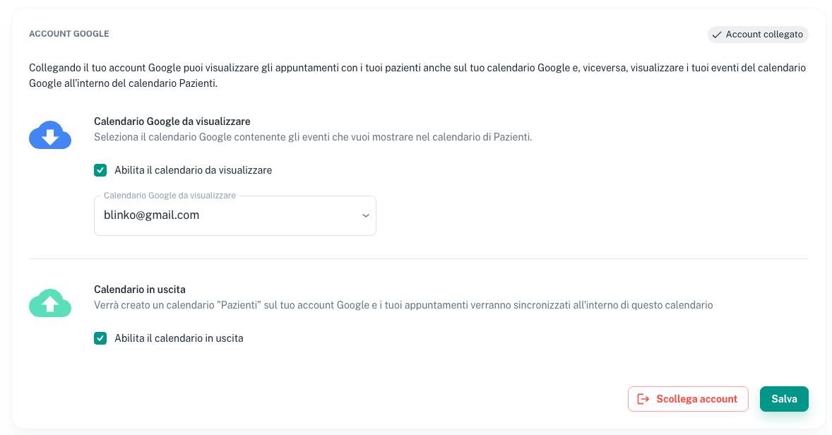 Impostazioni dell'account Google in Pazienti: calendario da visualizzare e calendario in uscita