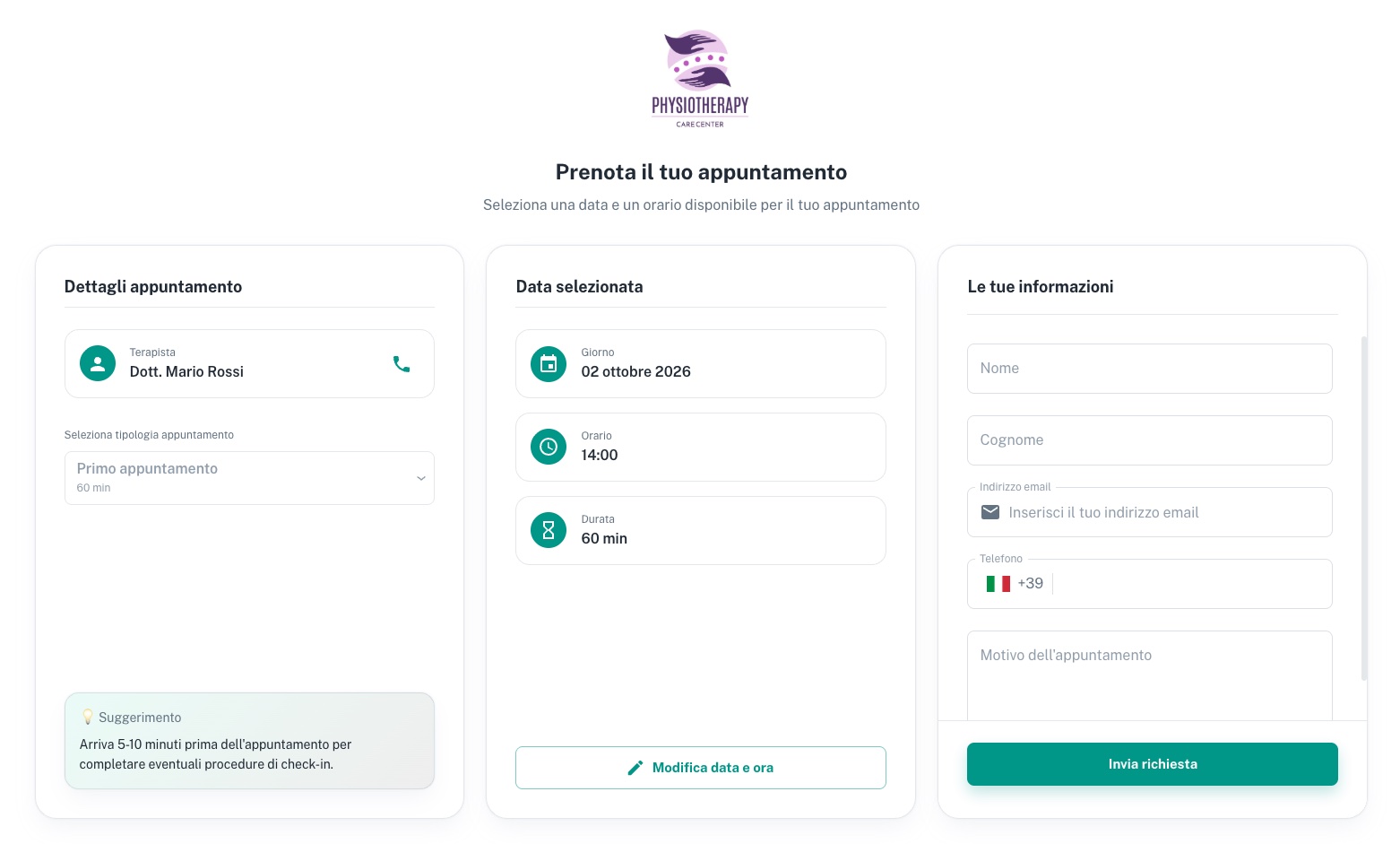 Pagina di prenotazione online: riepilogo dell'appuntamento e form con i dati del paziente