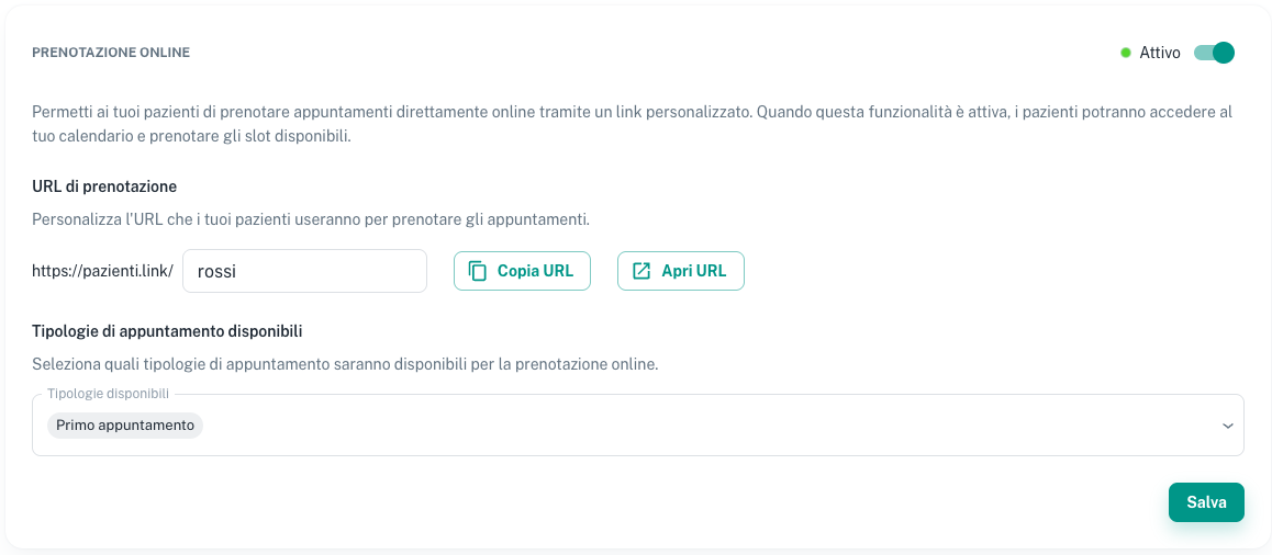 Impostazioni della prenotazione online: attivazione, URL di prenotazione personalizzato e tipologie di appuntamento disponibili