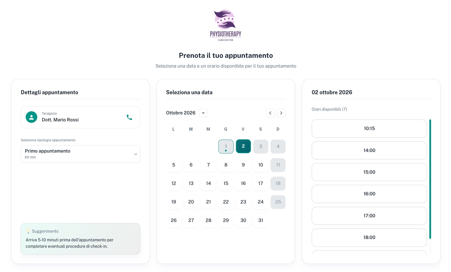 Pagina di prenotazione online: il paziente sceglie tipologia di appuntamento, data e orario disponibile