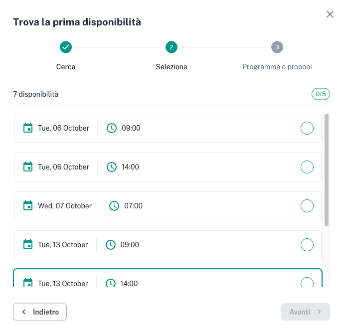 Ricerca della prima disponibilità con gli orari liberi proposti