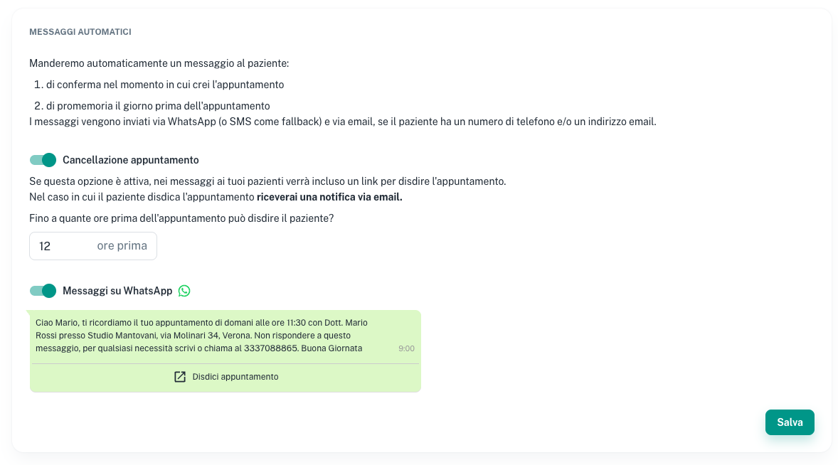 Impostazioni dei messaggi automatici con anteprima del promemoria WhatsApp