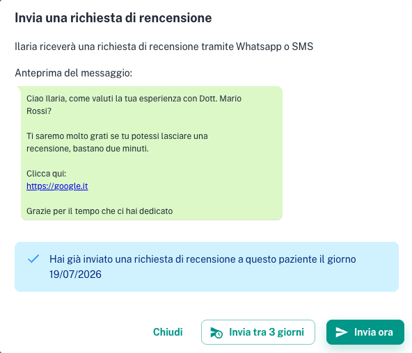 Invio di una richiesta di recensione con anteprima del messaggio