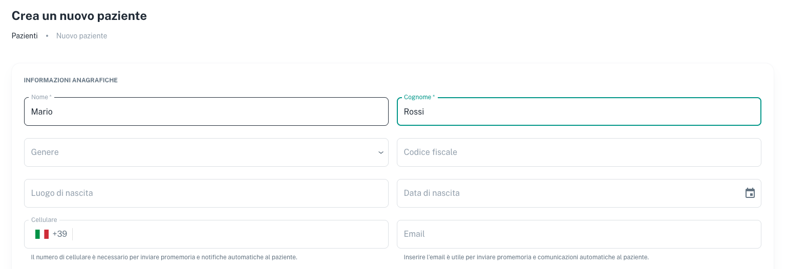 Creazione di un nuovo paziente con le informazioni anagrafiche