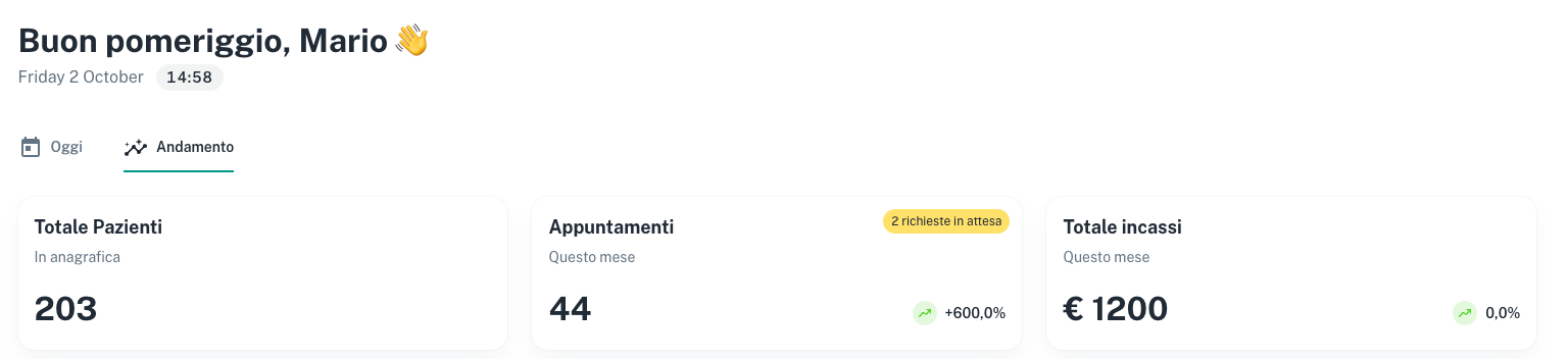 Riepilogo delle statistiche con totale pazienti, appuntamenti del mese e totale incassi